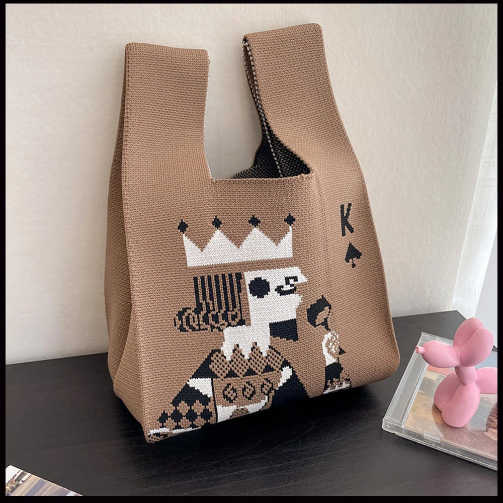 Female Vintage Poker King Pattern Handbag Women Fashion Knit Wool Tote Bag Cartoon Shopper Top-Handle Bag Key Phone Pouch