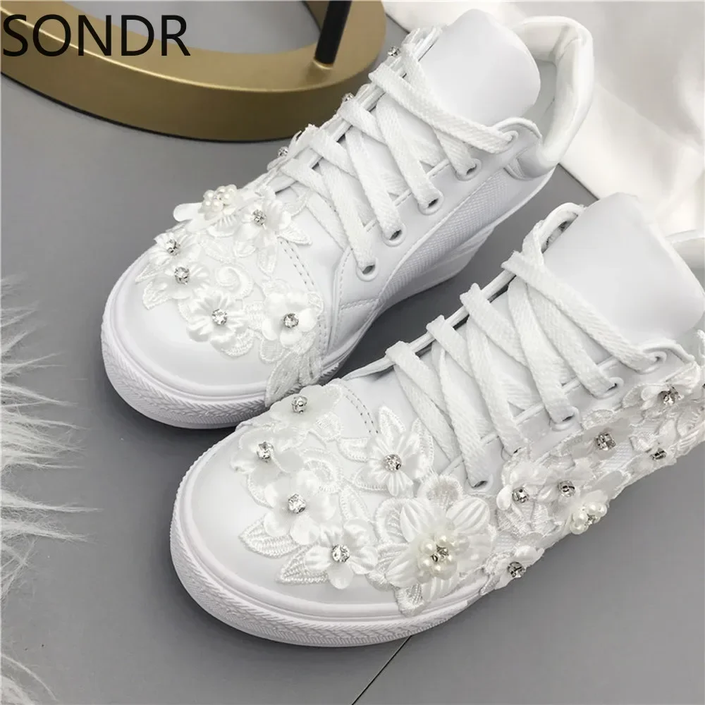 Womens PU Leather Rhinestones Lace Flowers Wedge Hidden High Heel Sneakers Shoes Lace Up Black White Girls New 2024