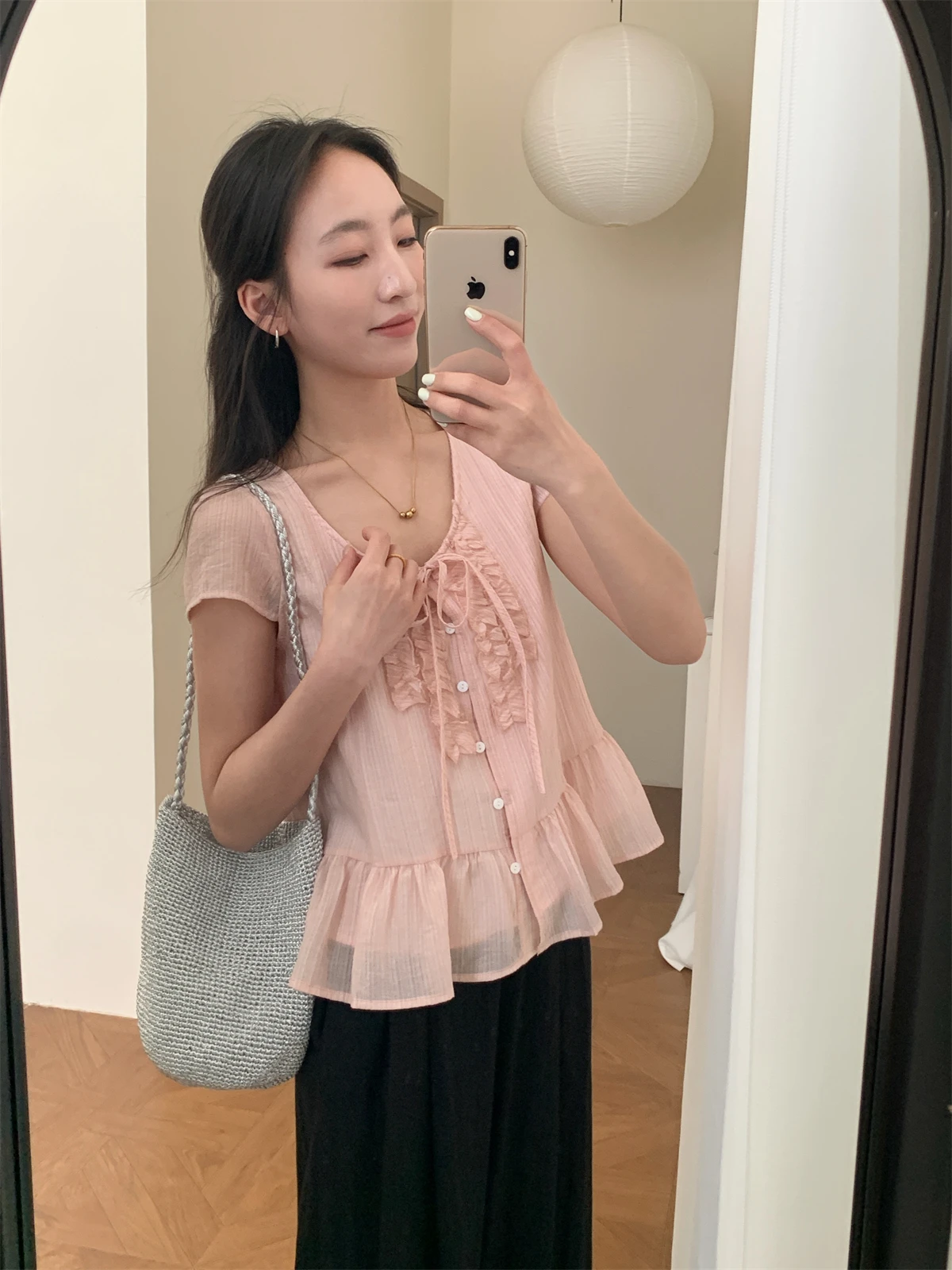 

Sweet Korean Style Ruffle Sleeveless Shirt Women's Knot Miniature Slimming Top Cotton Casual Loose Fit Short Sleeve