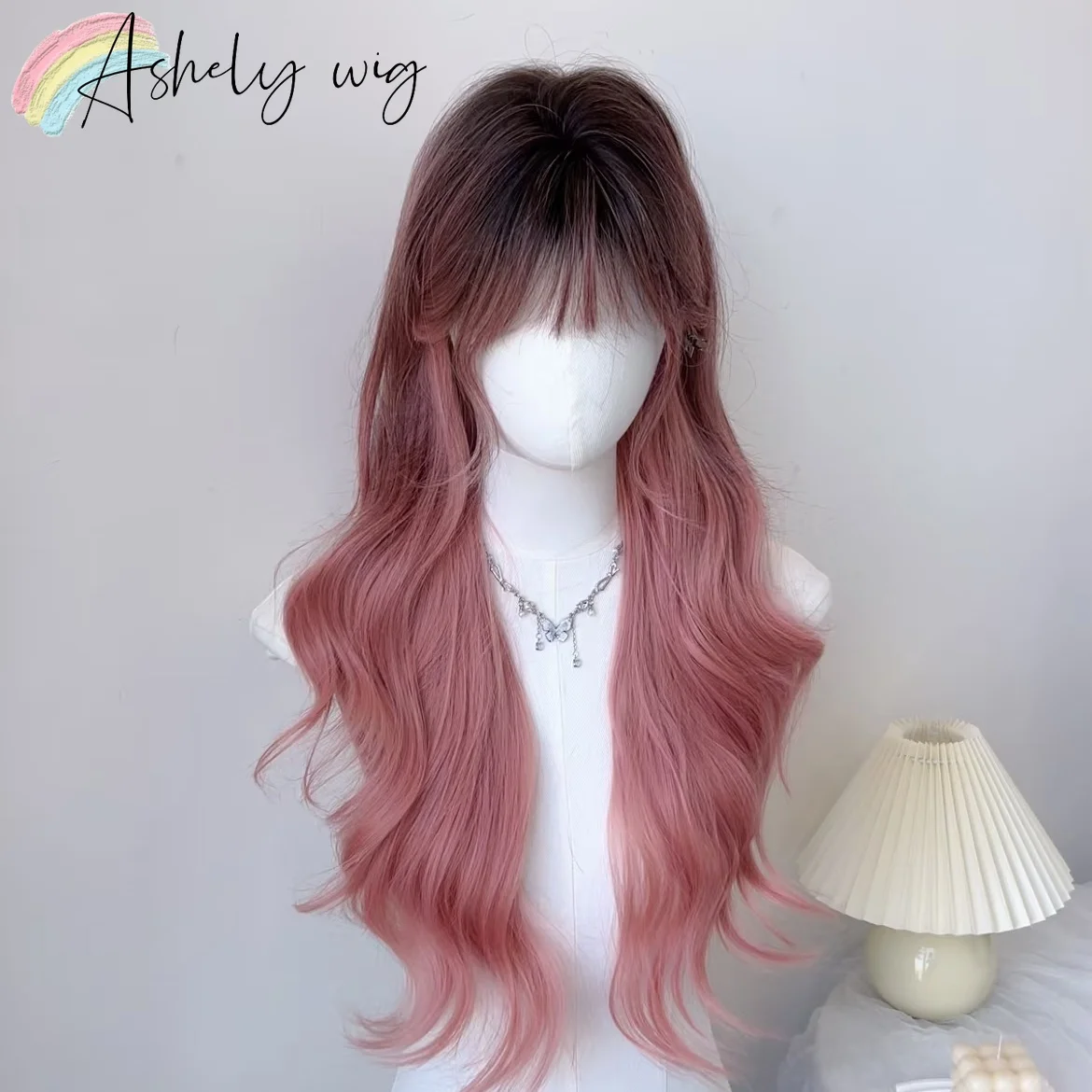 Dried Rose Pink Wig for Women 24inch Long Wavy Hair Cute Lolita Wig with Bangs Nature Synthetic Wigs with Black Root Daily Use