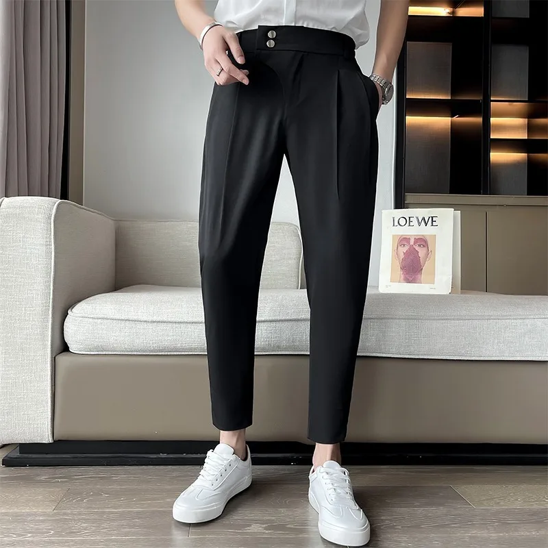Summer Thin Casual Trend Nine-point Pants White Men's Slim Elastic Ice Silk Pants