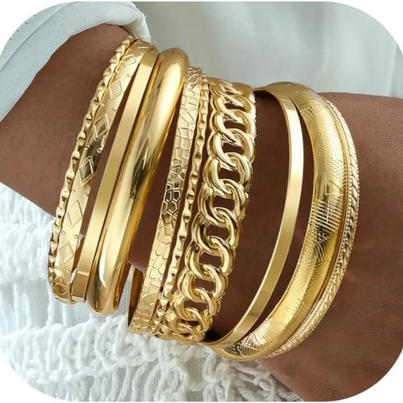 10pcs Gold Bangle Bracelets for Women girls, Indian Bangles Stackable Set, Multi Layer Textured 14K Gold Plated Chunky Bracelet