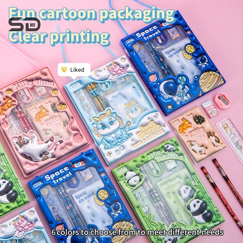 6 In 1 Stationery Set 3D Cartoon Handheld Stationery Kit Children's Gift Box Learning Supplies Students Study Accessories