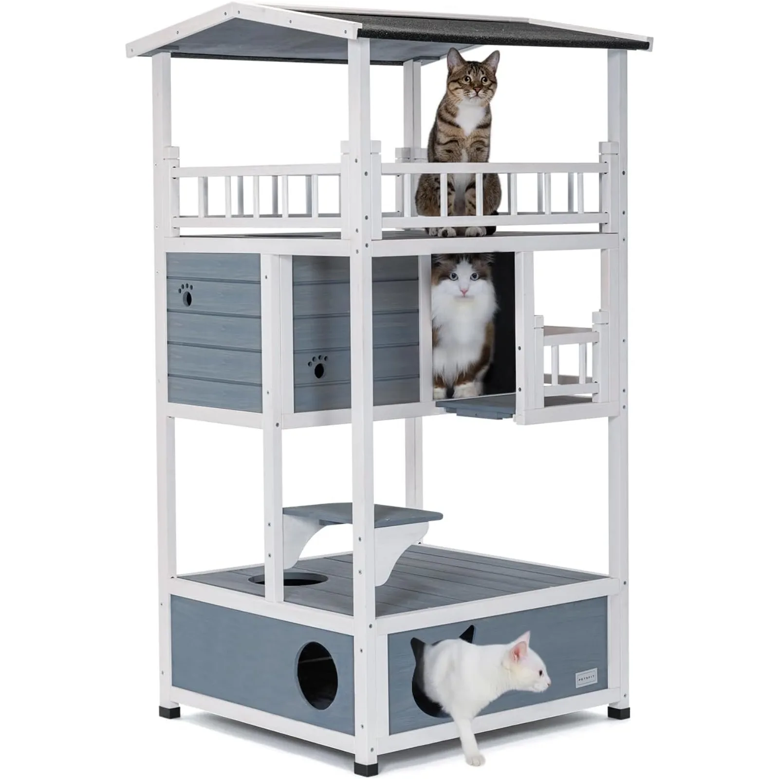 

US Durable Roof Outdoor Cat House Weatherproof with Escape Door, Stair or Scratch Board, 2 Story Design Perfect for