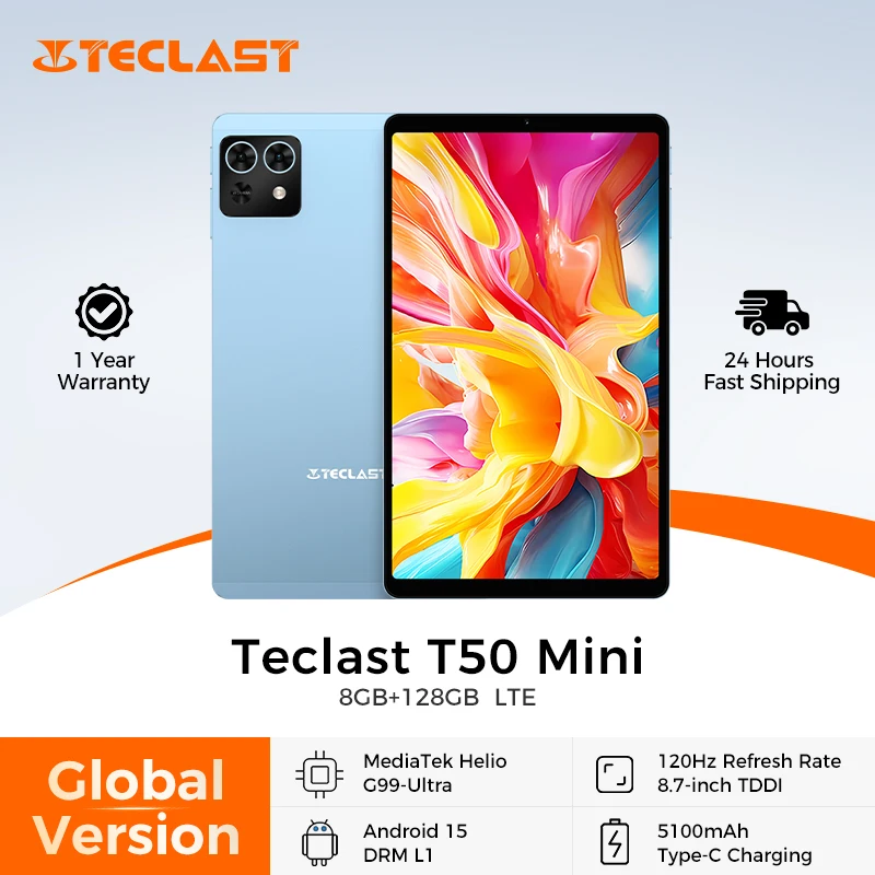 Teclast T50 Mini tablette 8.7 "120Hz affichage MTK Helio G99 20GB RAM (8 + 12 virtuels) 128GB ROM Android15 tablettes prise en charge 4G double SIM