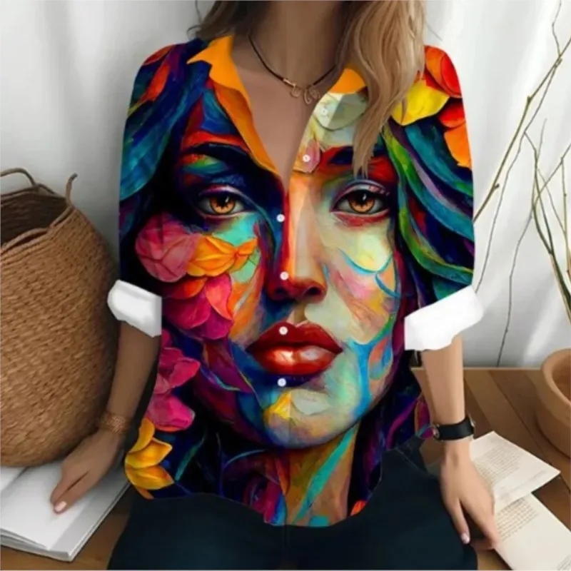 Ladies Turn Down Collar Blouse Tops 2024 New Fashionable 3D Digital Print Womens Loose Single Breasted Cardigan Shirt Streetwear