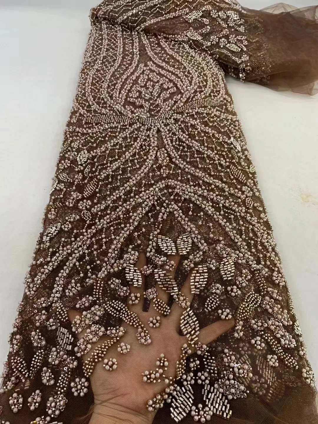 

Latest Nigerian Handmade Beaded Lace Fabric 2024 High Quality Sequins Beaded Embroidery African Lace Fabric For Sewing