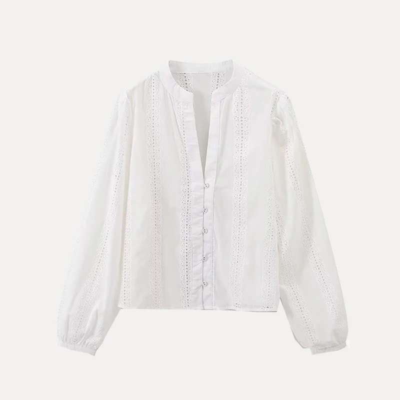 Sweet Sle Long Sve V-Ne Hollow out bordado irt ort Top para mujer primavera 2025 Z fibra de poliéster de corte recto