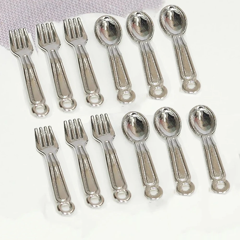 12Pcs 1/12 Dollhouse Miniature Alloy Spoon Fork Mini Tableware Model Toy for Doll House Accessories Decoration ob11 bjd