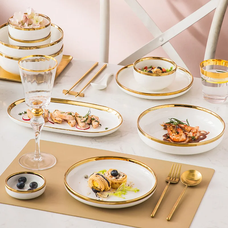 Gold Edging White Porcelain Plates Food Dinner Set Dishes Salad Soup Bowl Ceramic Plates Bowls Luxurious Tableware Set