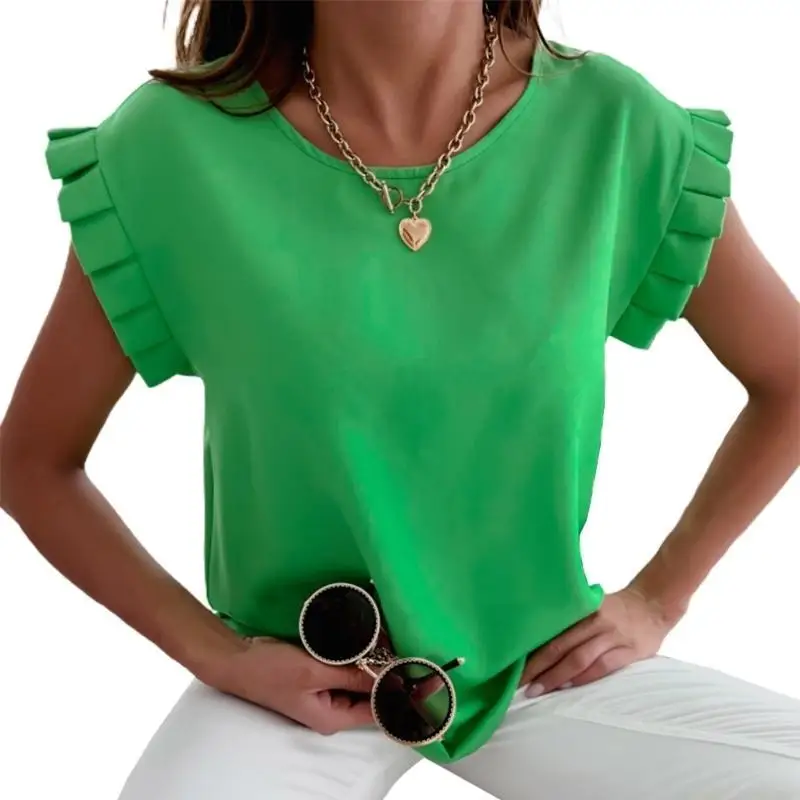 31BF Women Round Neck Lace Shirt Ruffle Short Sleeves Casual Daily Office Wearing Cloth Loose Fit T-shirts for Daily