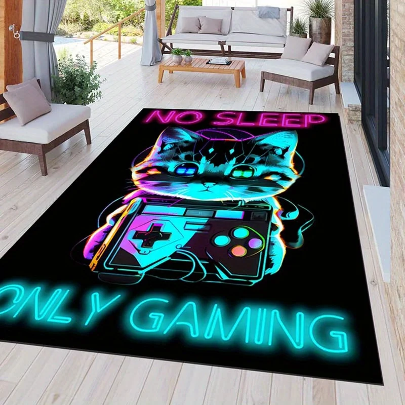 Neon Cat Gamer Doormat, Only Gaming Entrance Rug, Cool Controller Floor Mat, Non-slip Bedroom Carpet, Man Cave Decor