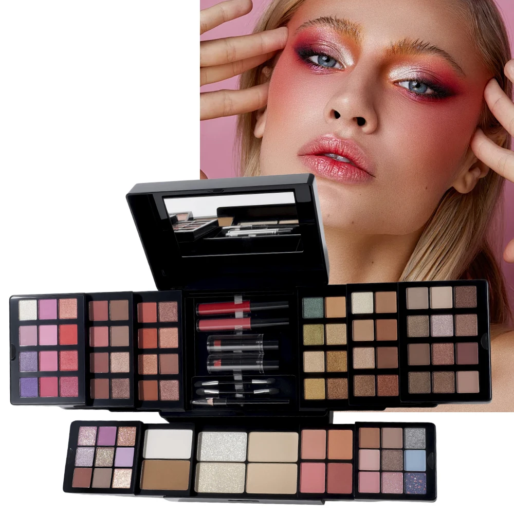 

100-Color Shimmer&Matte Waterproof Eyeshadow Blush Platte Long-Lasting Pressed Powder Makeup Kit with 4 Lipsticks 1 Eyebrow Pen