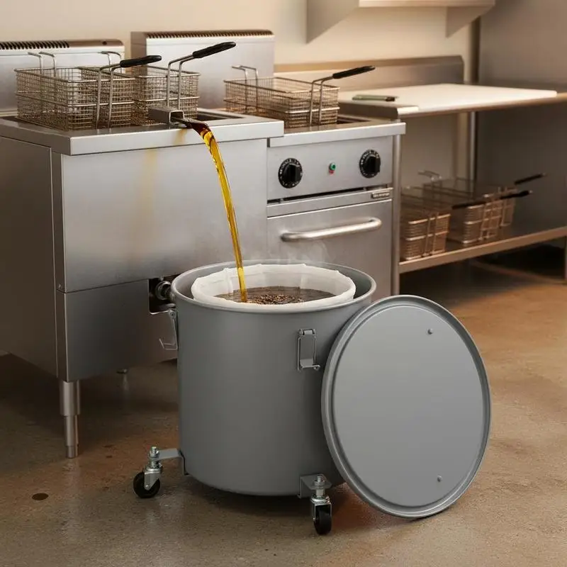 Carbon Steel Oil Transport Container 10 Gal For Restaurants Commercial Kitchens Food Trucks, Caster Base Lock Clips Filter Bag, Gray Heavy Duty Storage Drum High Capacity Waste Oil Caddy with Lid 15 Inch Diameter 18 Inch Height view 3