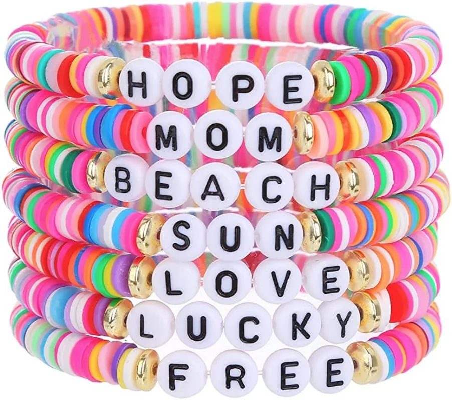 13 PCS Bracelet Set Colorful College Style Happy  Alphabet Soft Clay Beaded Stretch Clutch Women Girls Boho Summer Beach Jewelry