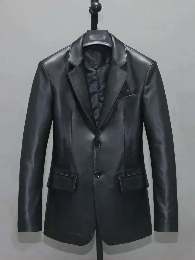 Spring Fashion Mens Business Work Slim Fit Real Sheepskin Blazer Suit Coat Office Casual Single Breasted Genuine Leather Jacket