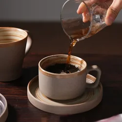 Japanese Style Stoneware Coffee Cup and Saucer Set Handmade Retro Mark Cup 350ml Large Capacity Household Milk Breakfast Cup