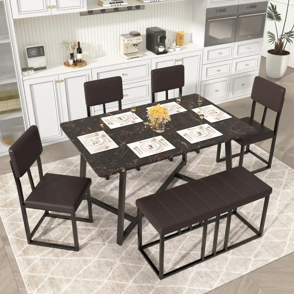 

6-piece Modern Rectangular Dining Set, Faux Marble Dining Table, 4 Faux Leather Chairs and Bench Set