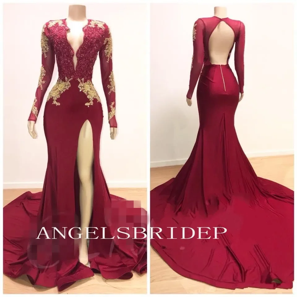 

Burgundy Mermaid Evening Dresses With Gold Appliques V-neck Side Split Formal Dress Backless Vestido De Noite