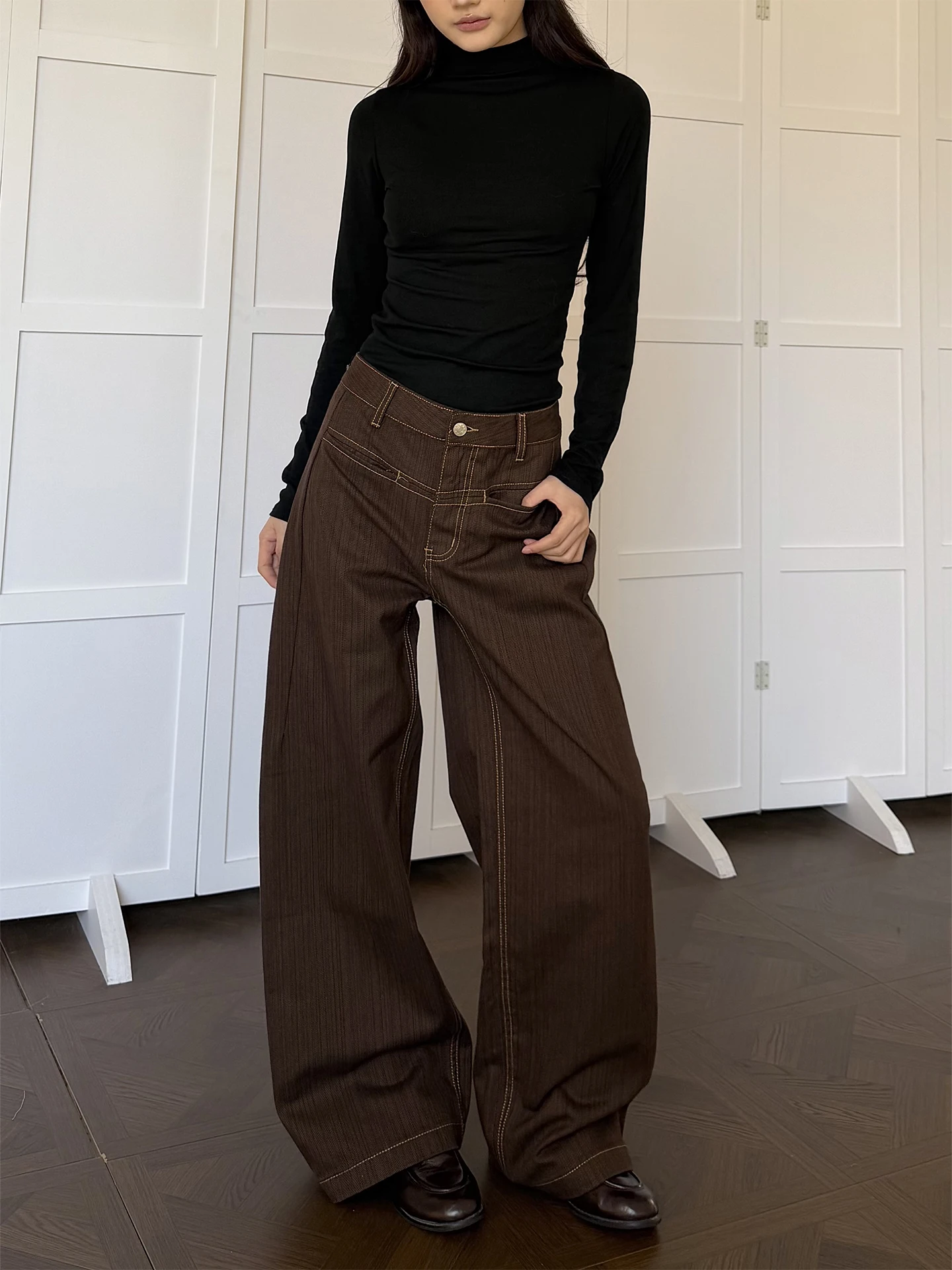 

Джинсы Don Cry Mermaid с вышивкой и полосками, свободные, прямого кроя, женские повседневные брюки с широкими штанинами, темно-синие, из смесового хлопка и полиэстера