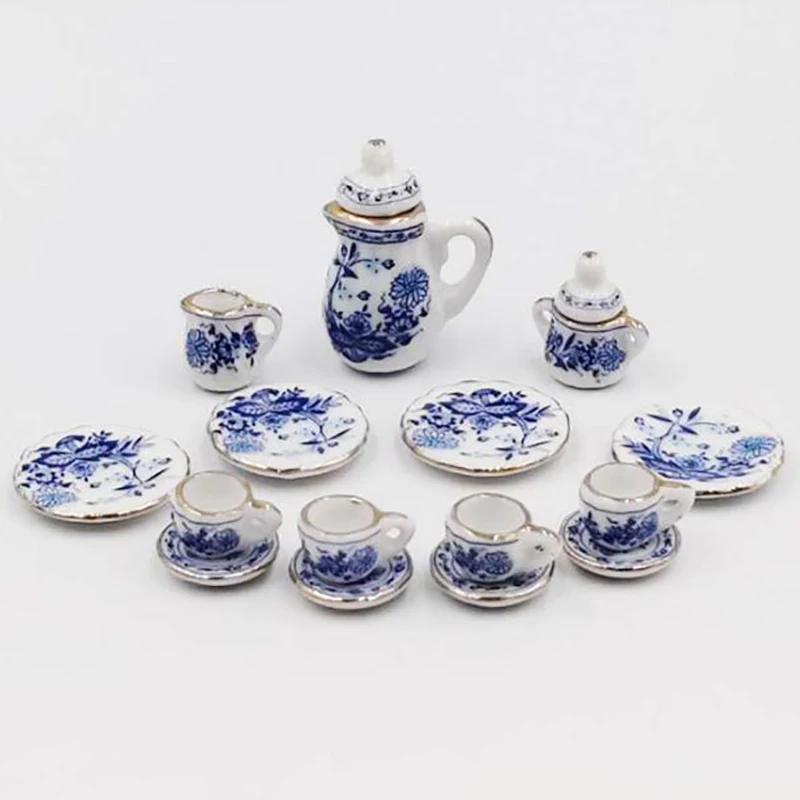 15Pcs 1:12 Dollhouse Miniature Porcelain Tea Cup Set Flower Tableware Tea Cups Model For Doll House Decor Kids Pretend Play Toys