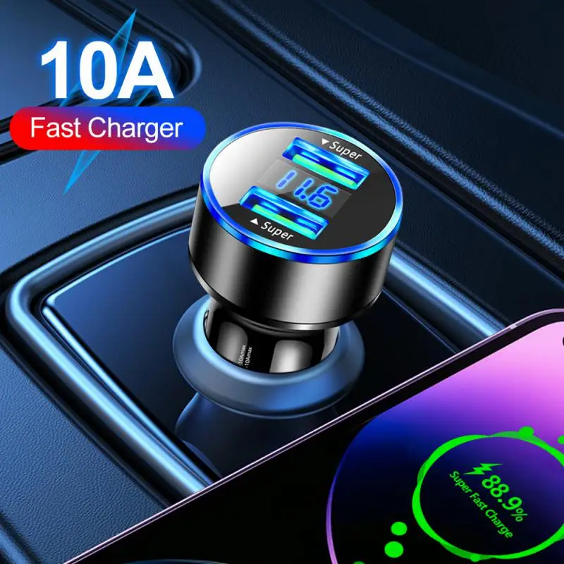 Car Charger 10a Dual Port Usb Digital Display Multifunctional Practical Portable Car Supplies Car Charger Adapter Fast Charging