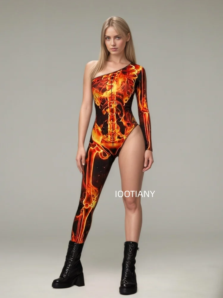 Gotischer Halloween-Skelett-Print-Bodysuit für Damen, One-Shoulder, einlanger Ärmel, asymmetrischer, enger Jumpsuit, Bühnen-Rave-Outfit – Detail 8