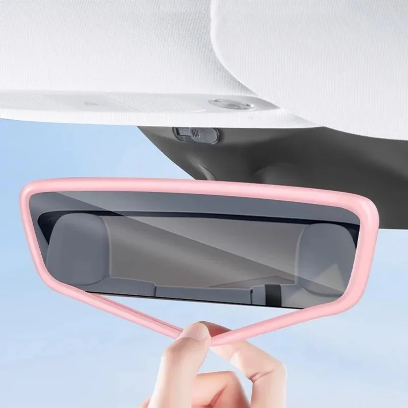 Protector de espejo retrovisor para Tesla Model 3Y, marco decorativo de silicona, tira de protección blanca y rosa, accesorios interiores