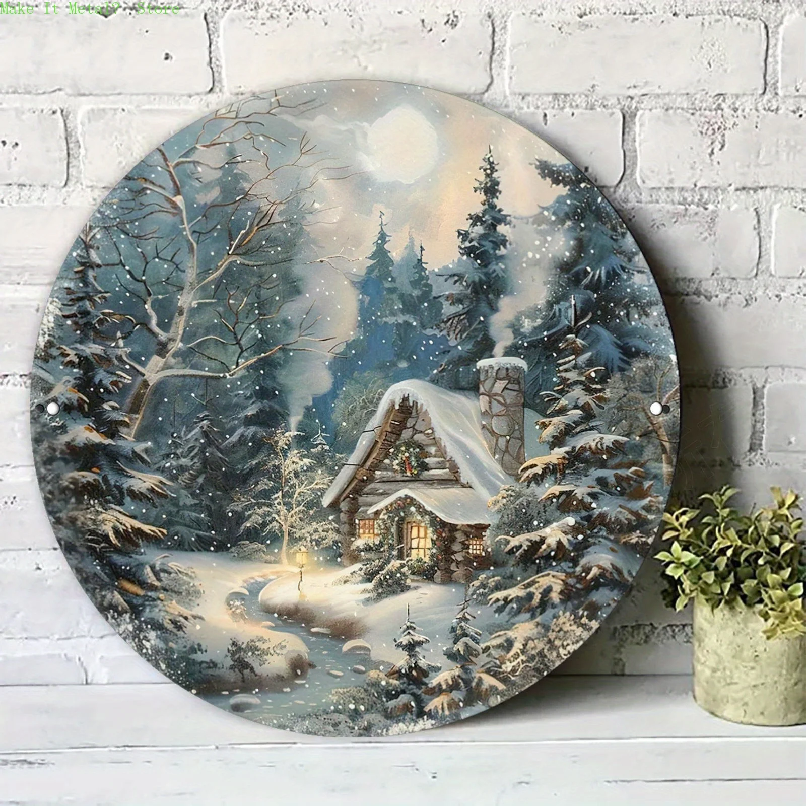 2D Flaches Rundes Metallschild „Winterhütte im verschneiten Wald“ – Gemütliche Weihnachts- und Winter-Wanddekoration für Wohnzimmer und Zuhause