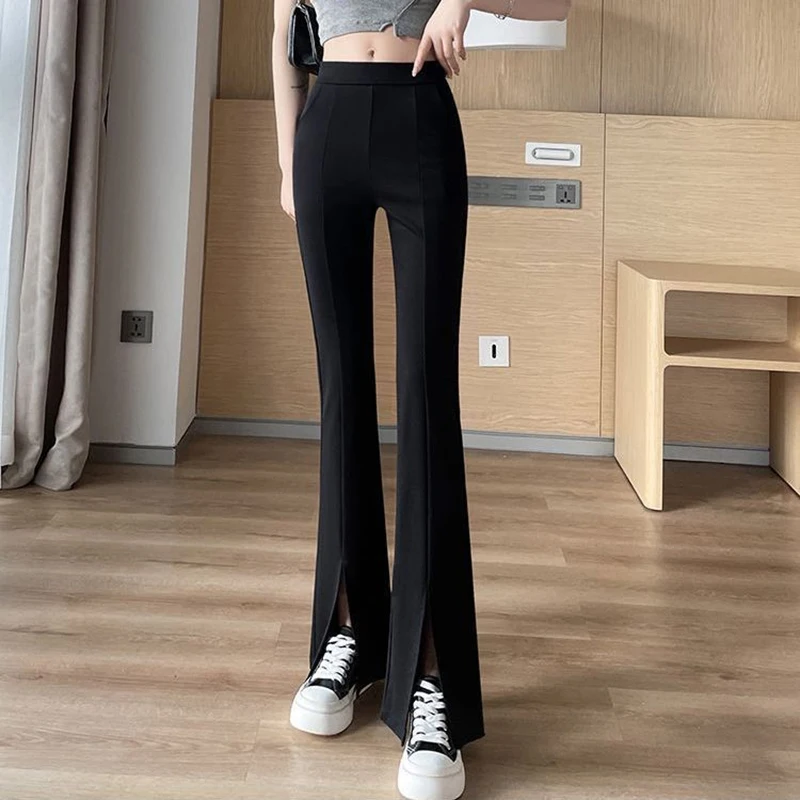 Women High Waist Baggy Slit Flare Pants Lady Casual Fitness Formal Bell Bottom Trousers Female Fashion Grunge Black Loose Slacks