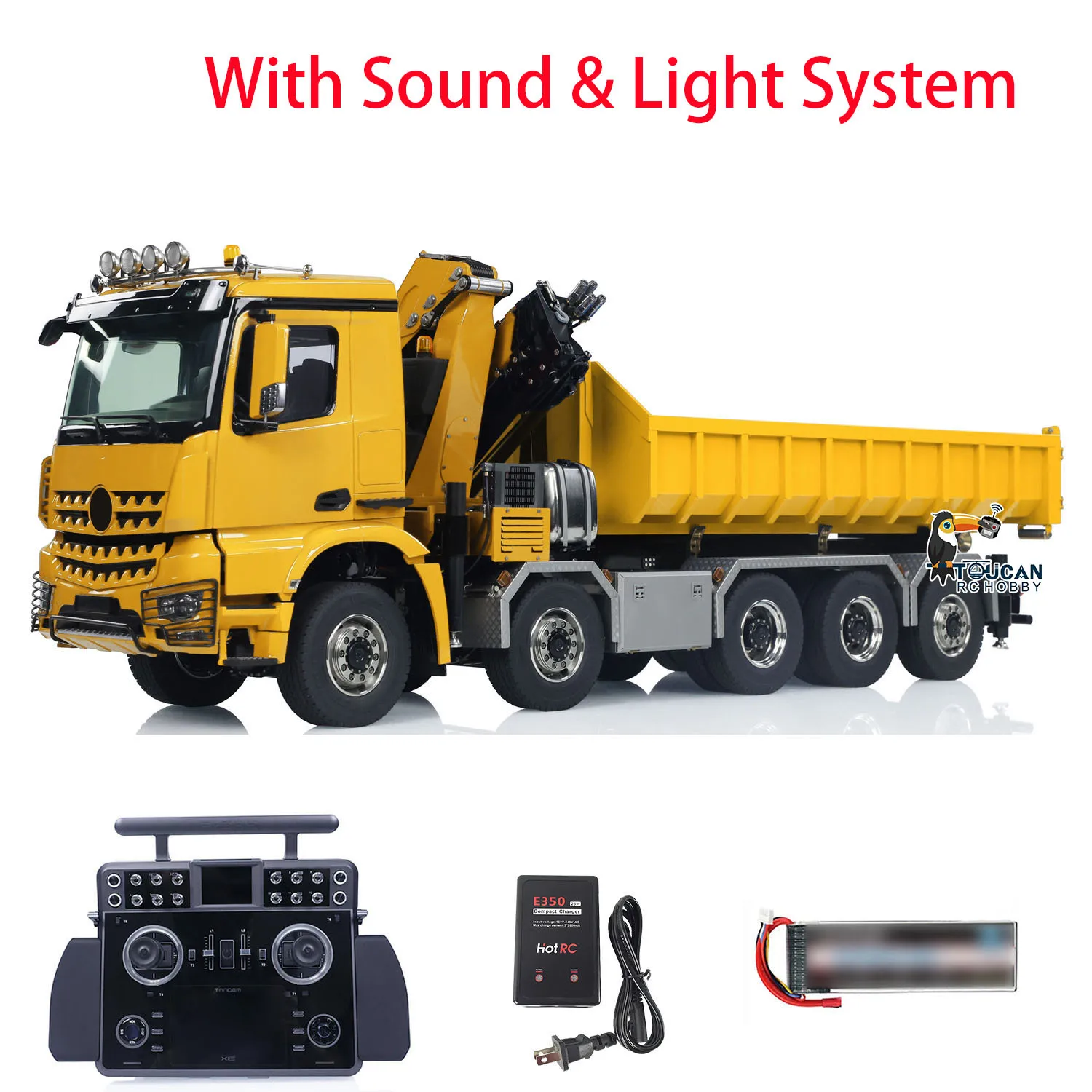 Metal 1/14 Hydraulic RC Dumper Car 10x10 Full-dump Crane Truck Rear Axle Lifting Sound Light Tipper Car Model Gift THZH1834