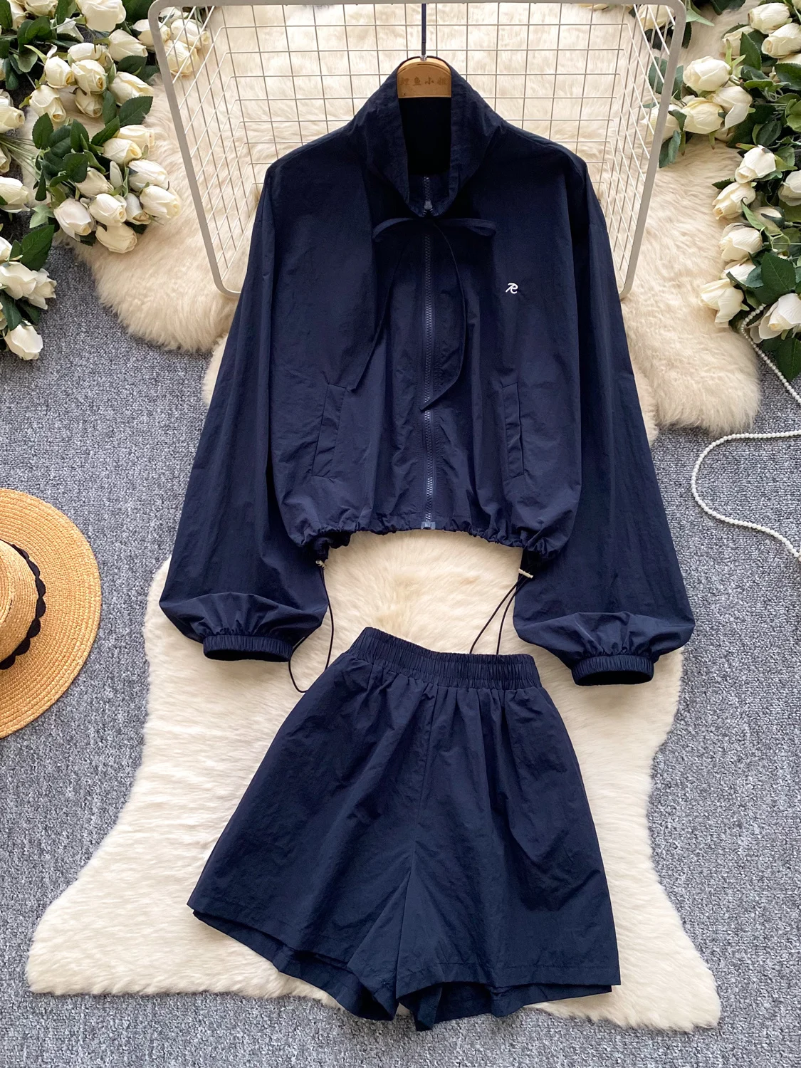 Korean Commuter Style Zipper Jacket Set Women's Spring Autumn Seven Sleeve Two Piece Set Sporty Elegant Outfit High Waist Shorts