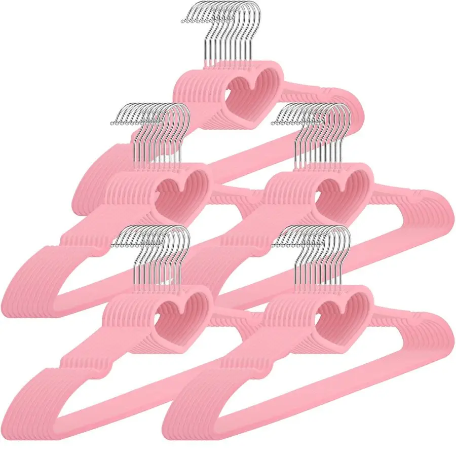 

50 Pcs Pink Velvet Heart Hangers, Nonslip Felt Clothes, Heavy Duty Sturdy Heart Clothes Coat Hanger, Cute Kawaii Room Decor for