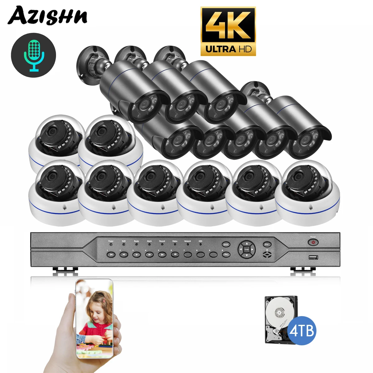 

AZISHN Ultra 4K POE CCTV Camera Systems 16CH NVR Kit 8MP Security IP Camera Waterproof Outdoor P2P H.265 Video Surveillance Set