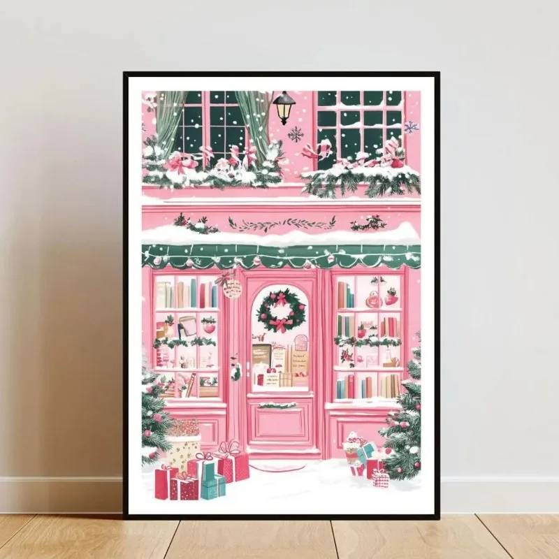 Pink Christmas Bookstore Canvas Wall Art Festive Snowy Shop Front Xmas Gift Wreath Print Holiday Home Unframed Canvas Poster