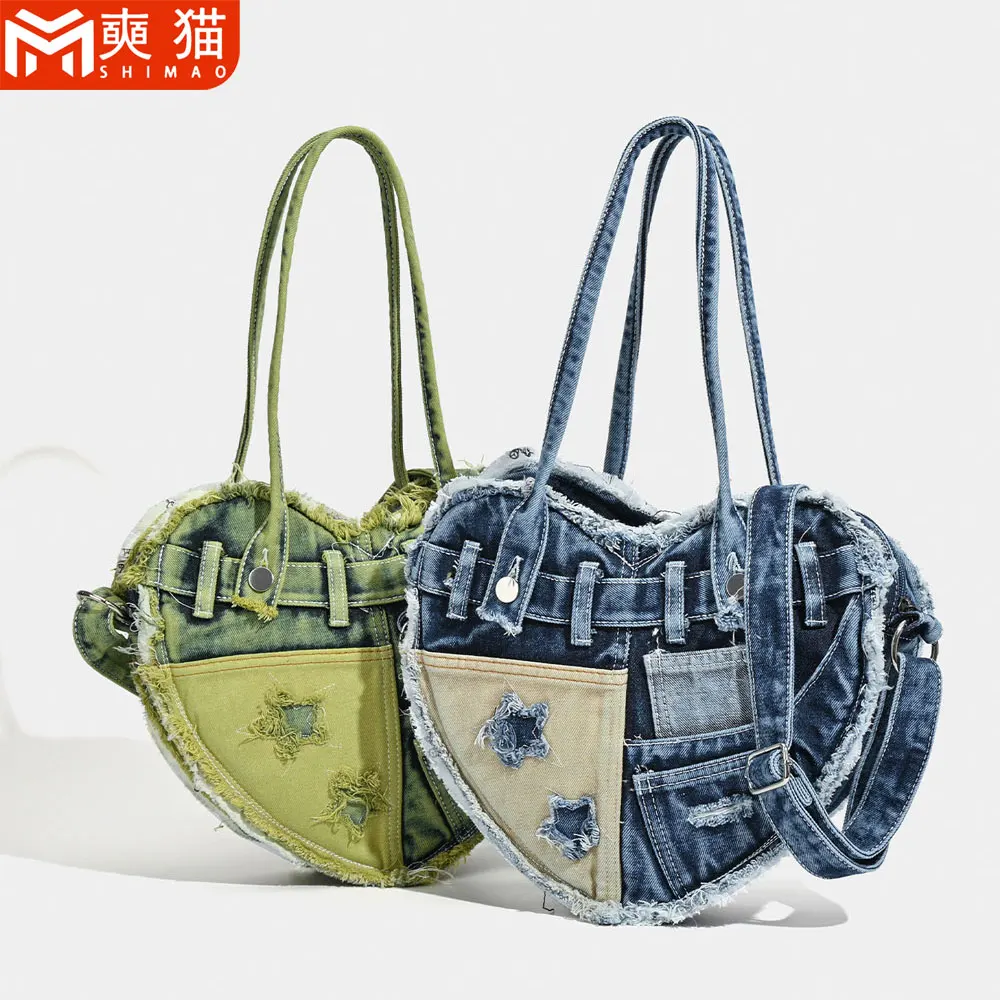 Shoulder Handbag Woman Girl Princess Personality Design Cute Heart-Shaped Retro Fashion Denim Bag Portable Cross-Shoulder Bag