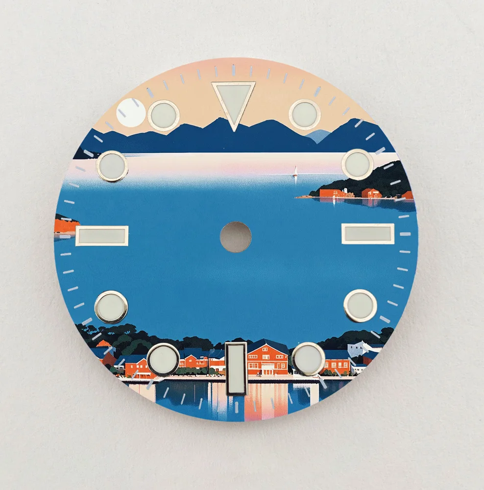 NH35 Dial 28.5Mm Dial Seaside Town Dial Kreatif NH36 Dial Warna Dial Cocok NH35/36 Jam Tangan Pergerakan Penggantian Suku Cadang LOGO Kustom