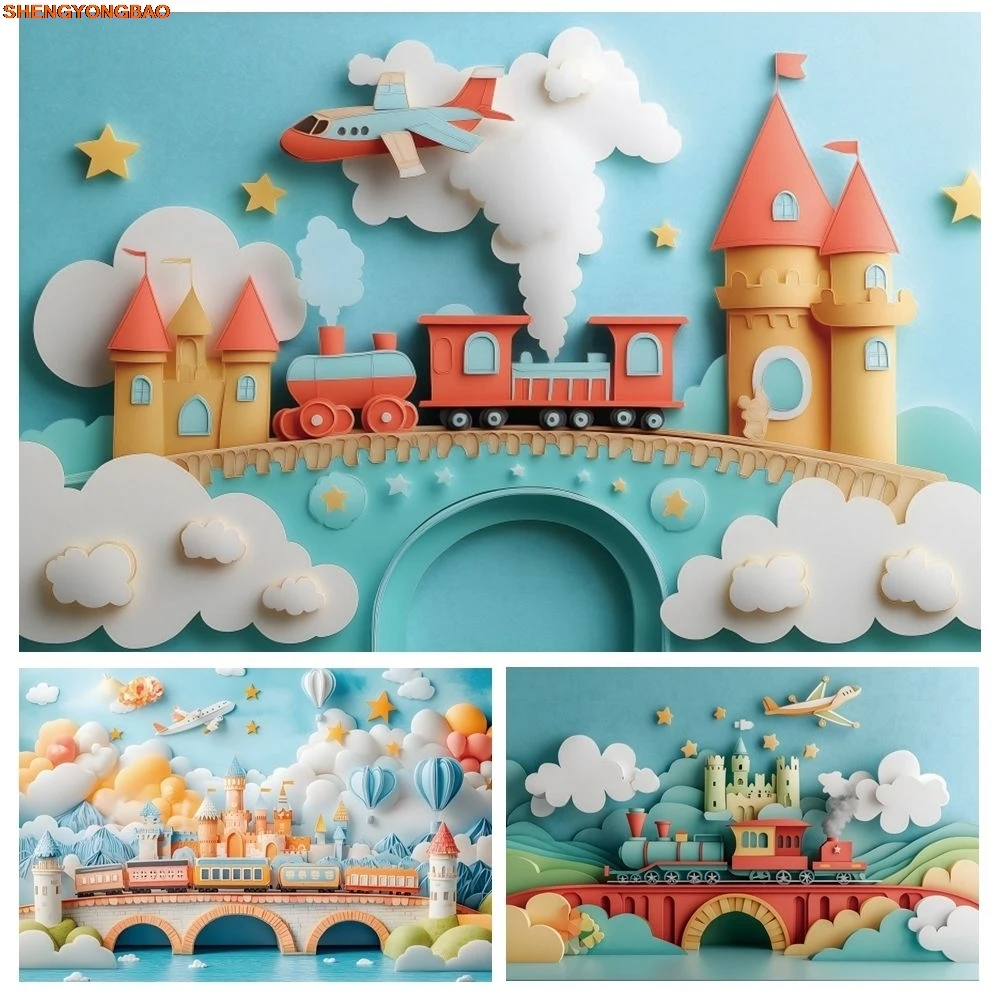 

Blue Fantasy Star Clouds Little Train Backdrop for Photography Kids Birthday Party Custom Background Banner Photobooth Props