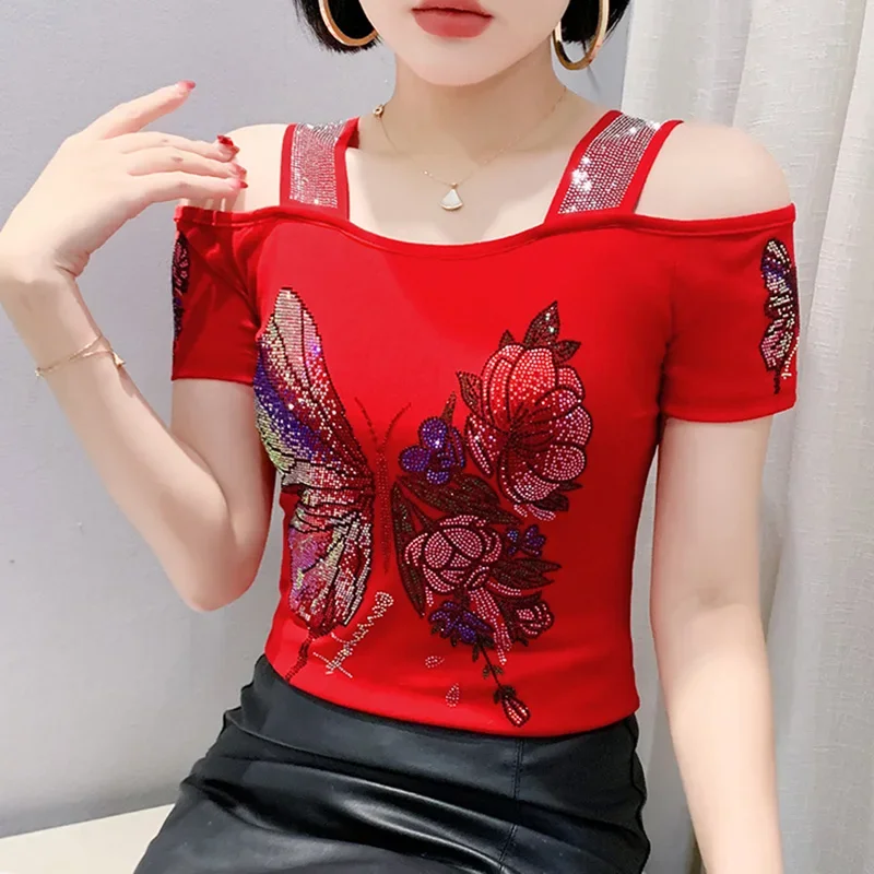 Mode sexy off-shoulder vlinder hot boren dames T-shirt luxe 2025, zomer nieuwe collectie diamant mesh tops
