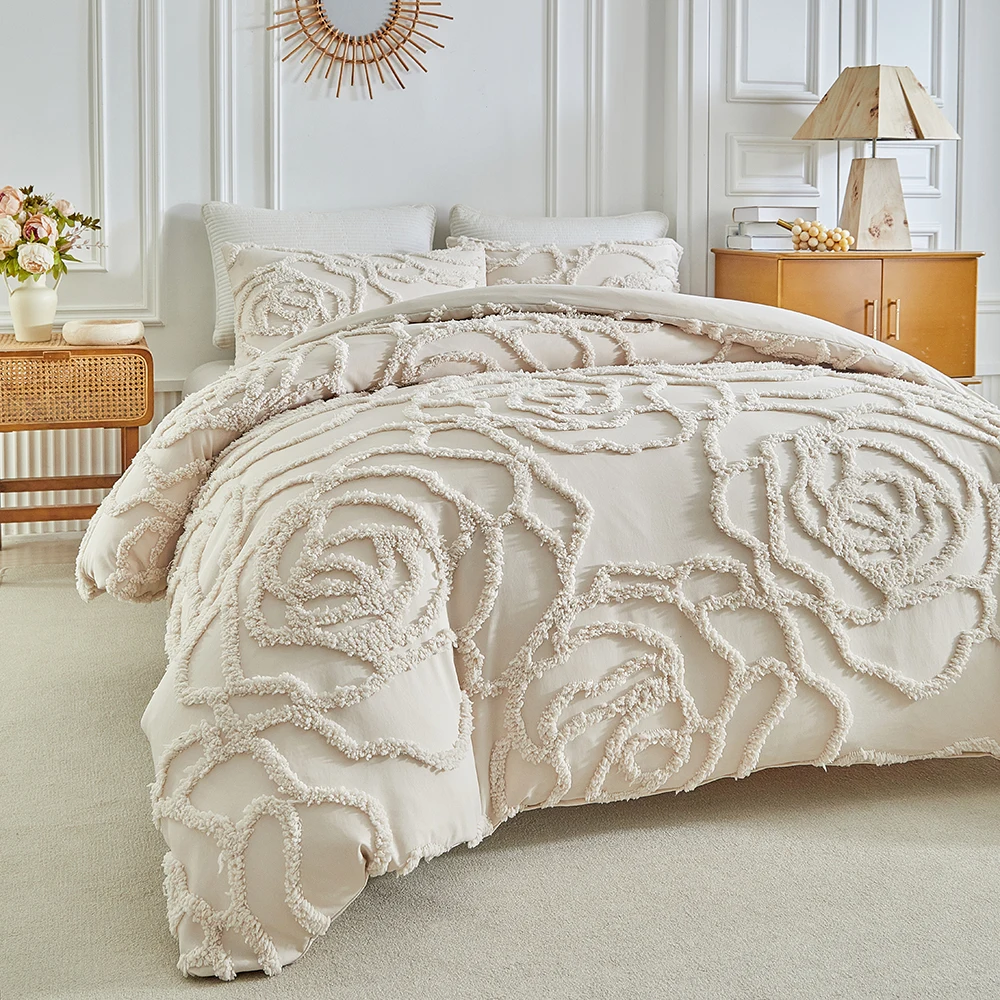 3PC 3D Floral Tufted Duvet Cover Set Embroidery Rose Shabby EU/AU King Chic Wedding Home Bedding Khaki Quilt Cover Set Drop Ship