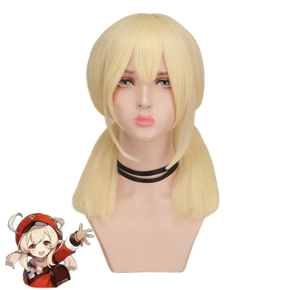 Wig Cosplay Genshin Impact Klee, Wig emas, Wig Cosplay Anime, Wig sintetik tahan panas, Wig Halloween untuk anak perempuan