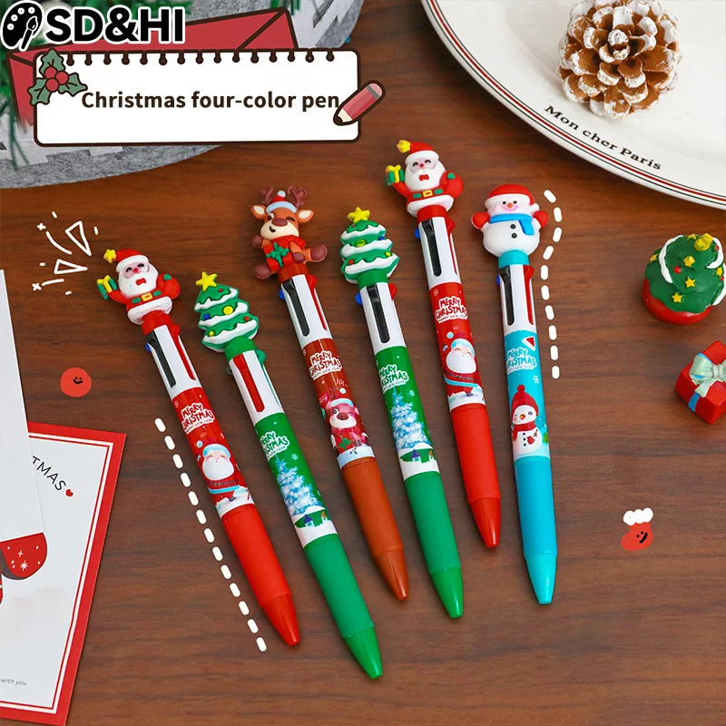 Creative 4-Colors Ballpoint Pen Cartoon Christmas Series Pens Cute Santa Claus Pressing Neutral Pens Children Prizes Gifts