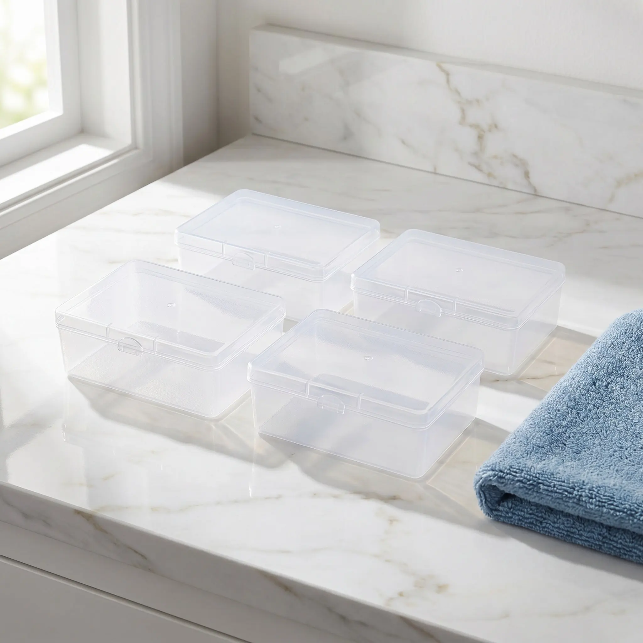 4Pcs High Quality Rectangular Cotton Pads Storage Box Smooth Edges Dust Proof Lid for Bathroom Sink Makeup Table Desk Organizer
