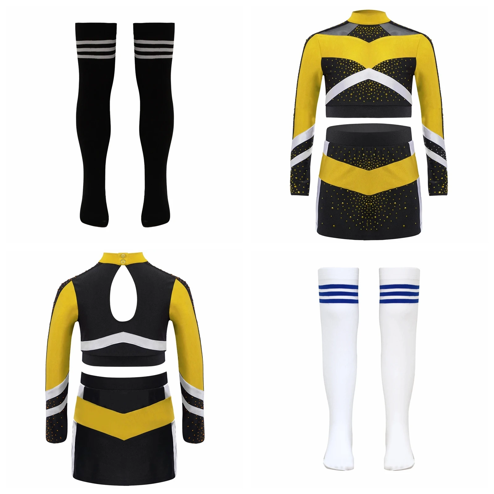 Children Cheer Dance Outfits Schoolgirls Cheering Team Performance Costumes Kids Cheerleading Suits Uniforms with Flower Balls