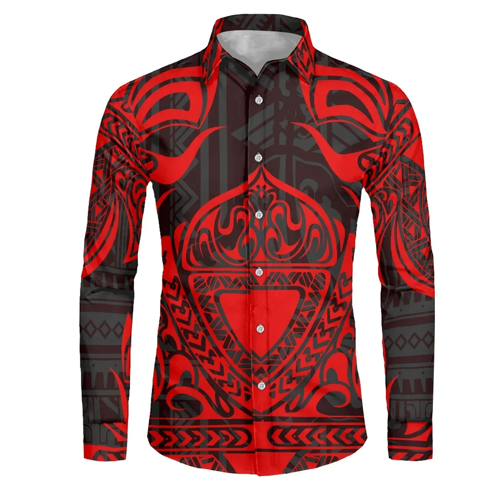 Polynesian Tribal Guam Totem Tattoo Prints Shirt Men's Long Sleeve Casual Without Pocket Dress Shirts Men 5XL 6XL