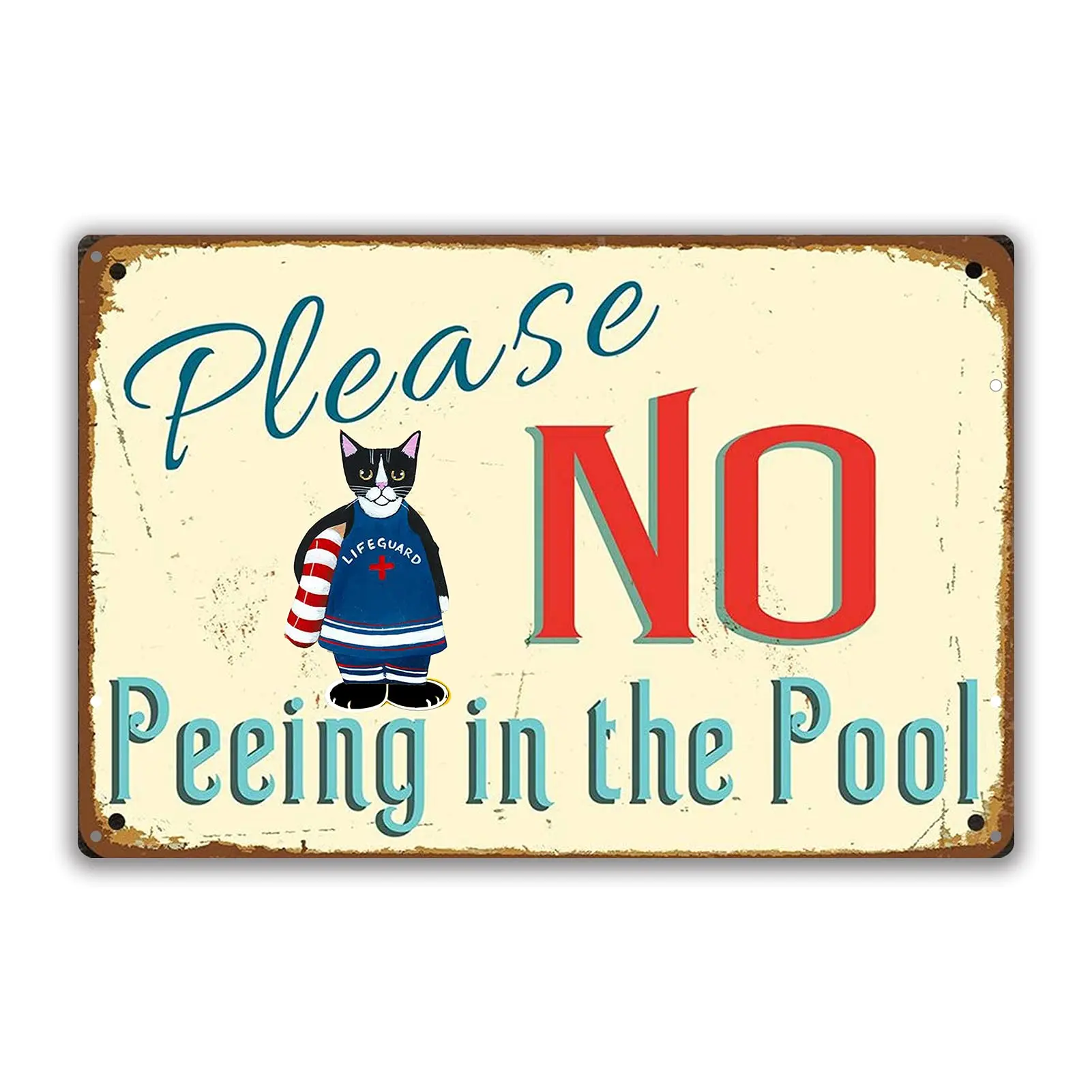 Pool Sign, Please No Peeing in The Pool Metal Sign, Cat Lifeguard Vintage Tin Sign for Residential or Commercial Swimming Pool