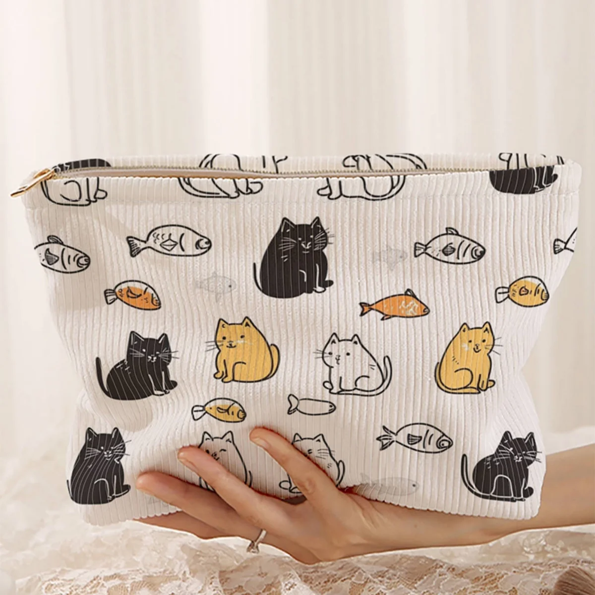 Cat patterned corduroy makeup bag, lightweight zipper storag