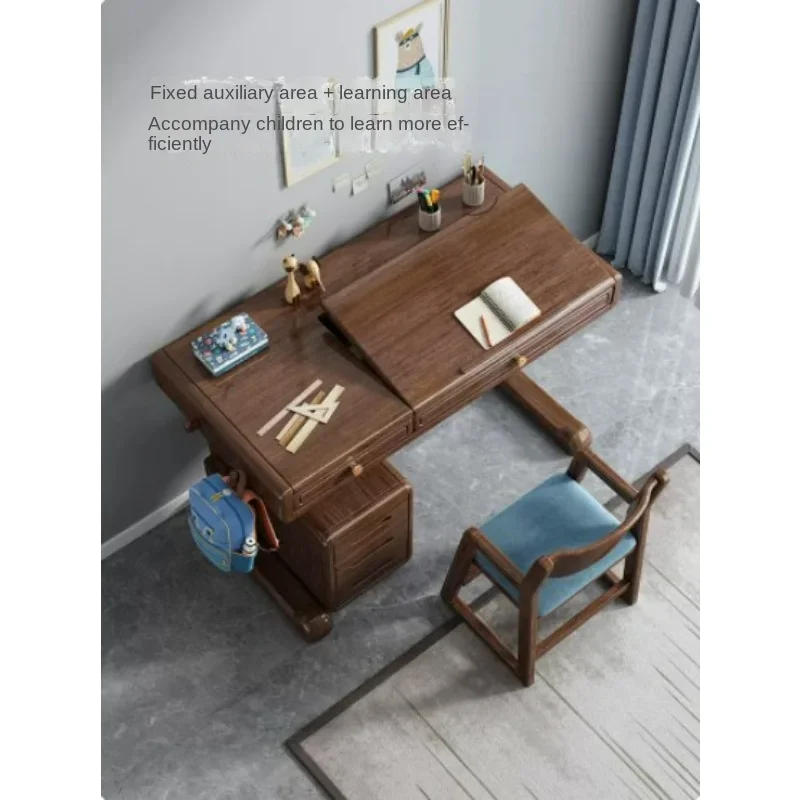 Children's Solid Wood Study Table Walnut Writing Desk Home Adjustable Light Luxury Table and Chair Set