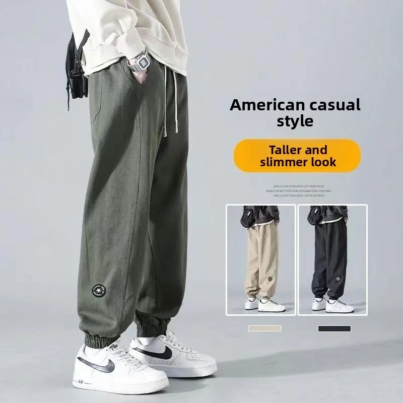 

Ретро американские мужские свободные прямые брюки для спецодежды, весенне-осенние уличные повседневные брюки с эластичной резинкой на талии, полиэфирное волокно