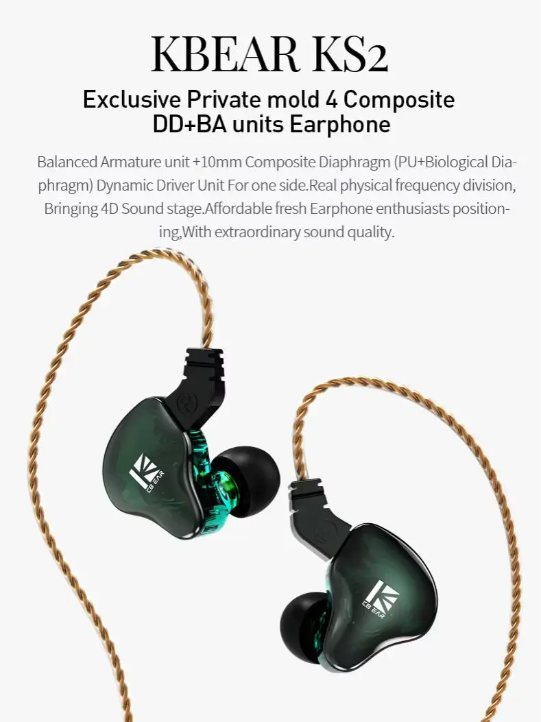 KBEAR KS2 1DD+1BA Hybrid IEM Earphones 10mm Composite Diaphragm Detachable Cable  Stylish PC Shell Wired In Ear Headphones